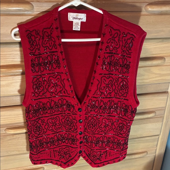 Worthington Jackets & Blazers - Worthington L Red Knit vest with Black beading and buttons Vintage Holiday Party